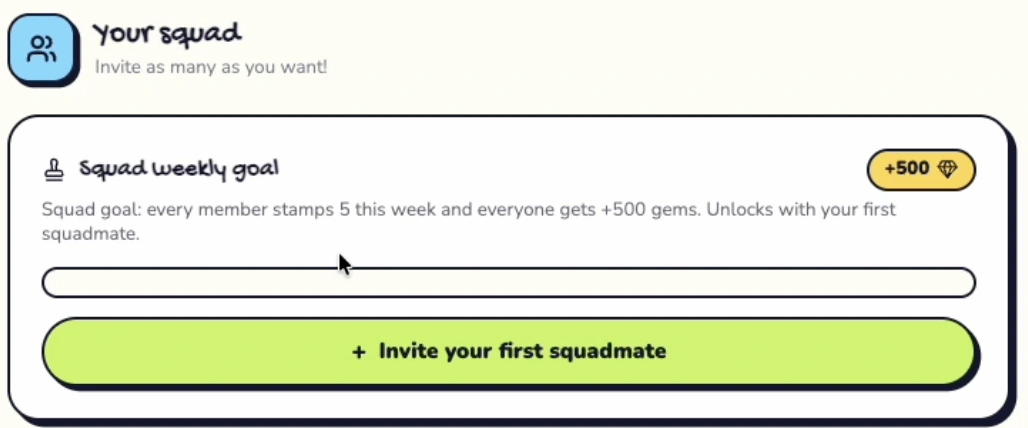 Squad goal and invitation screen